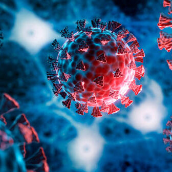 Corona Virus mutation covid-19 illustration with dark blue brain cell background